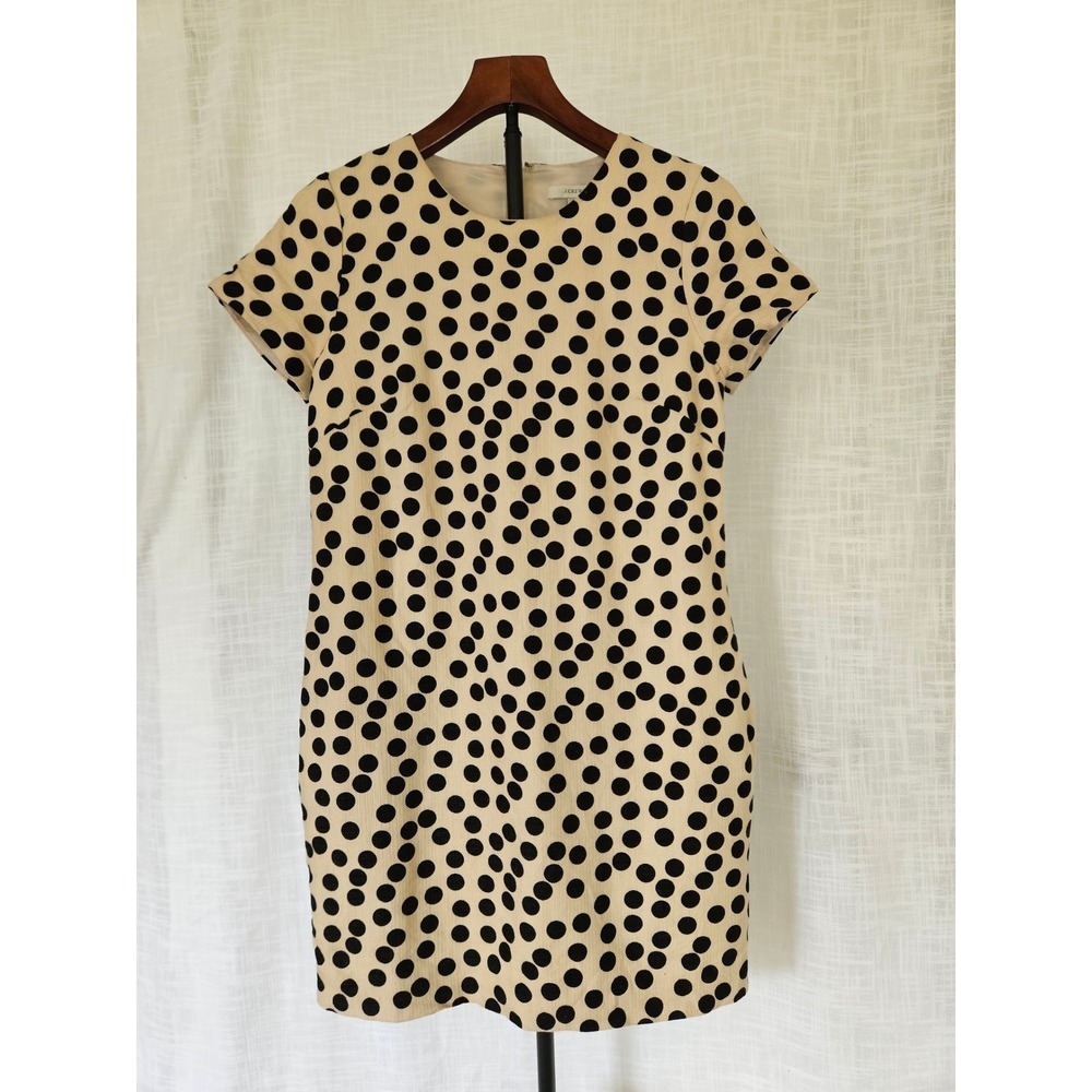 J.Crew Polka Dot Shift Dress Women 4 Tan Black Short Sleeve Cotton Blend Office